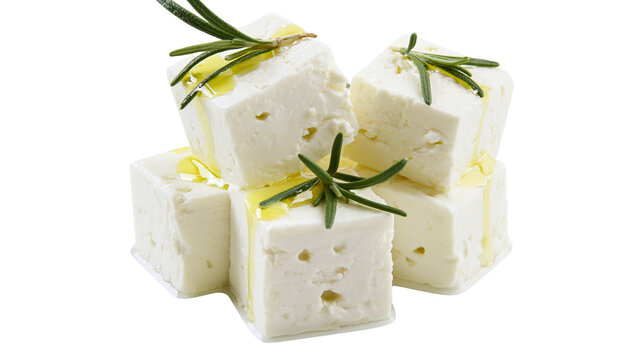 Stack of white feta cheese cubes drizzled with olive oil and fresh rosemary, isolated on transparent background