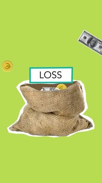 Burlap money bag with LOSS sign and falling coins, financial loss vertical video thumbnail