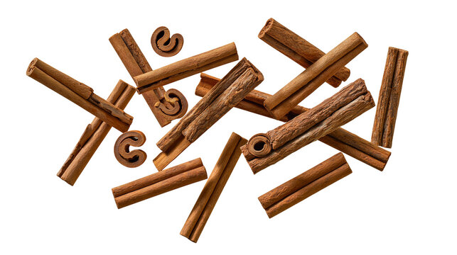 Brown cinnamon sticks and curled pieces scattered, isolated on transparent background