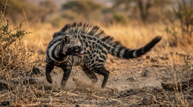 African Civet in Savannah: A unique African civet with striking black and white markings and a bushy tail navigates through a dry, dusty savannah landscape, its body tense with alertness.