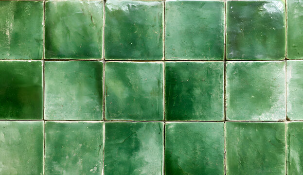 Background of green ceramic tiles, vintage and old ceramic tiles in green to use for decorating the kitchen or bathroom