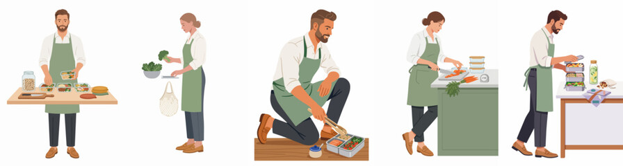 Obraz premium Set of people preparing healthy meals and packing food in reusable containers for a sustainable and zero-waste lifestyle vector illustration.