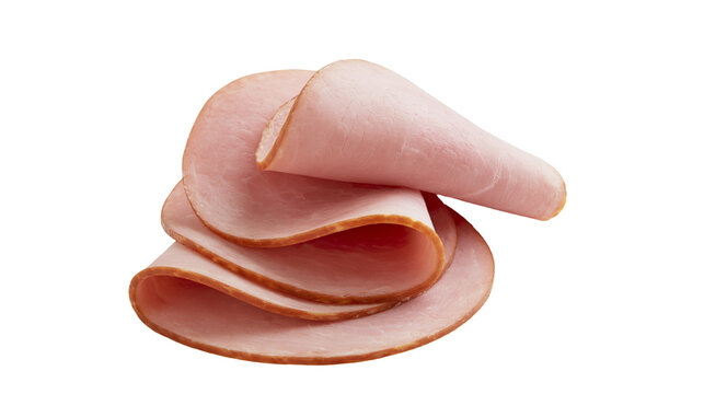 Thinly sliced deli ham slices stacked and curved, isolated on transparent background