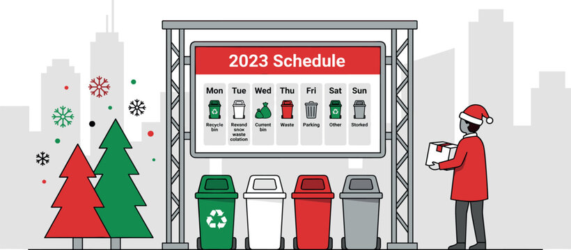 Christmas holiday eco sorting concept featuring a garbage recycling collection schedule banner and a person in santa hat standing near colorful waste bins vector flat illustration