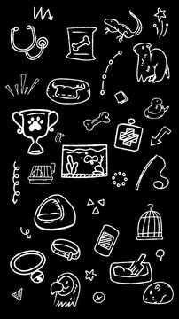 Animated doodle icons of exotic pets, domestic animals, veterinary care, and pet supplies. Seamless loop video background in vertical format.