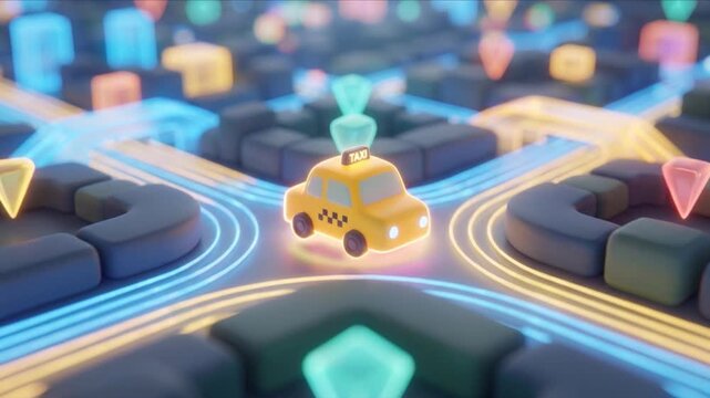 光るデジタル都市グリッドの中央に佇む黄色いタクシーの3D背景映像