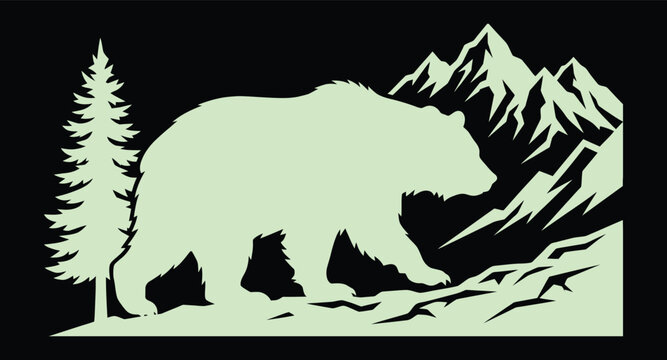 Grizzly bear silhouette walking in the mountains with a pine tree