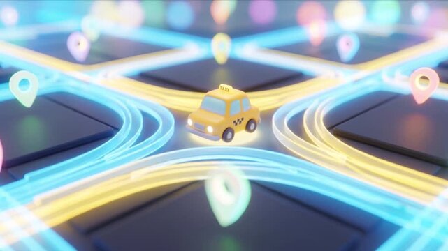 光るデジタル都市グリッドの中央に佇む黄色いタクシーの3D背景映像
