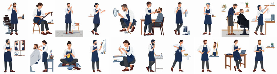 Obraz premium Large set of professional barbers and hairstylists in various poses and working scenarios, isolated on a clean white background for design versatility.