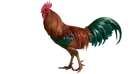 Majestic rooster with vibrant red comb and iridescent green tail feathers, isolated on transparent background © Marcel