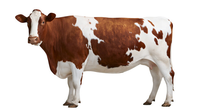 Brown and white spotted cow standing, isolated on transparent background