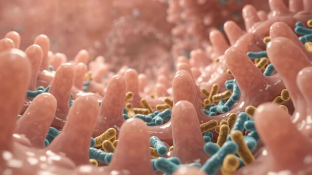 Microscopic 3D medical animation video footage of intestinal villi and gut microbiome bacteria in the digestive system.