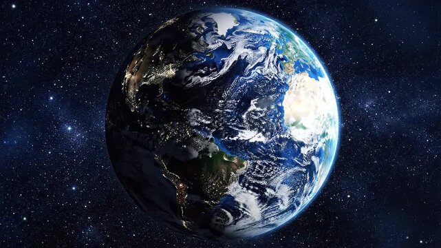 Earth rotating in space showing day and night transition with stars in background cinematic motion