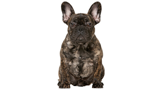 Brindle French Bulldog sitting attentively, isolated on transparent background
