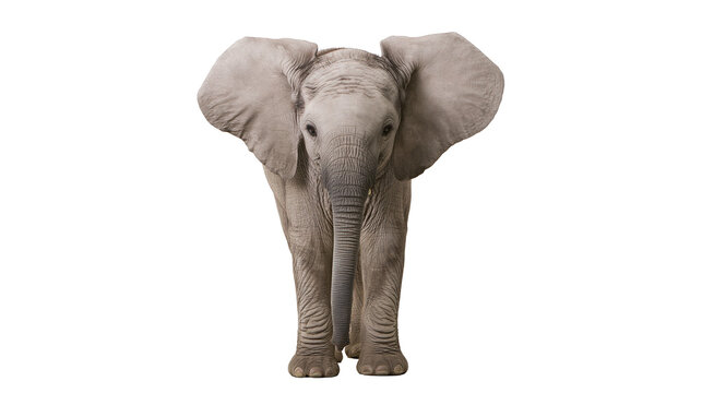 Young elephant with large ears standing and looking forward, isolated on transparent background