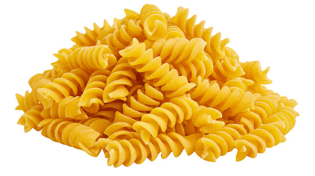 Pile of golden fusilli pasta spirals, isolated on transparent background