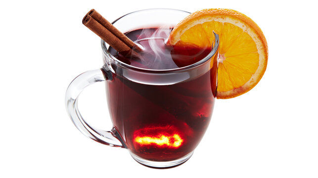 Steaming mulled wine in a glass mug with cinnamon stick and orange slice, isolated on transparent background