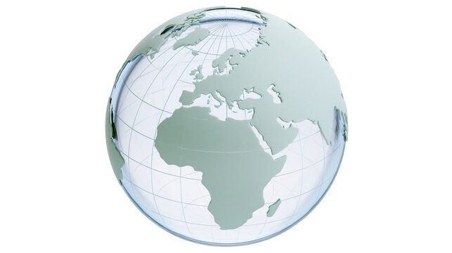 Clear glass globe showing Europe and Africa, isolated on transparent background