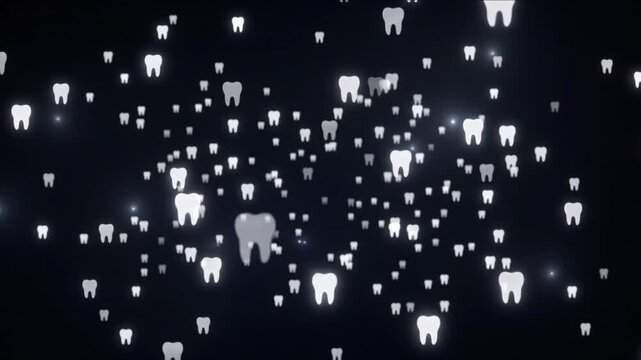 漆黒の空間に浮かぶ半透明な白い歯のアイコンと光の背景映像素材