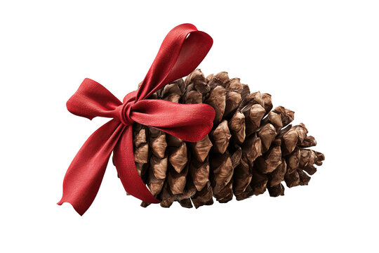 Pinecone tied with red ribbon, natural rustic Christmas decoration, isolated PNG on transparent background