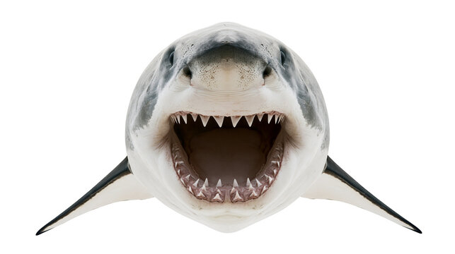 Great white shark with open mouth and sharp teeth, isolated on transparent background