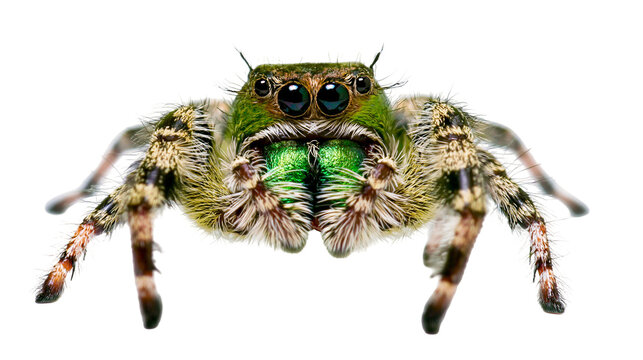Green jumping spider with hairy legs, isolated on transparent background