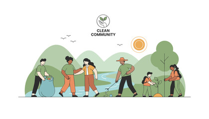 Fototapeta premium Diverse volunteers cleaning up a riverside park, picking up trash, planting trees, and caring for the environment.