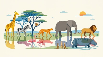 Fototapeta premium African Savanna Wildlife Illustration with Giraffe Elephant Lion Zebra and Cheetah in Flat Vector Style