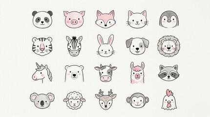 Fototapeta premium Cute Watercolor Animal Faces Collection - Hand-Drawn Kawaii Zoo and Farm Animals Set for Nursery Decor and Stickers