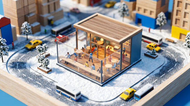 3D isometric toy city model with coffee shop and snowy traffic scene