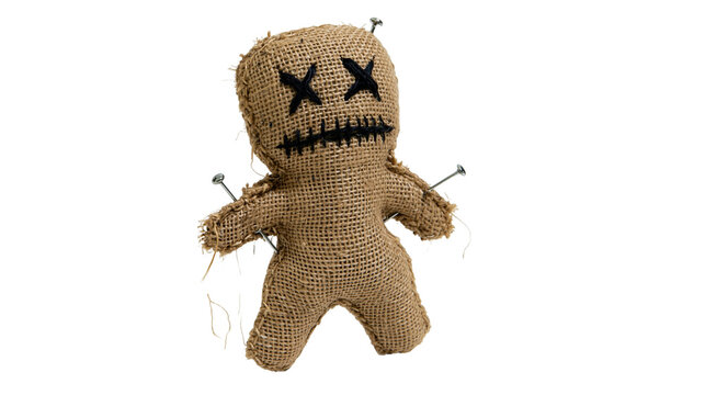 Burlap voodoo doll with black stitched eyes and mouth pierced by nails, isolated on transparent background