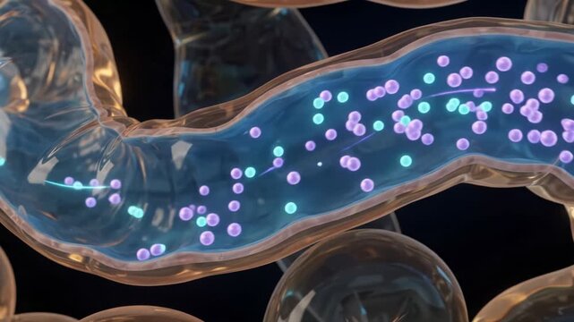 Close-up 3D animation footage of glowing probiotics and nutrients moving through the human intestinal tract.