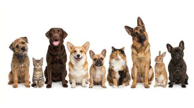 Large Group of Different Pets Dogs Cats and Rabbit Sitting in a Row on White Background