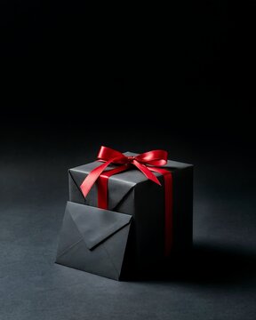 Elegant black gift box with red ribbon and opened envelope on dark background