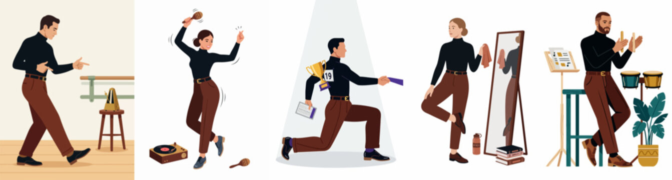 Collection of flat vector illustrations featuring diverse creative performers like dancers, musicians, and directors in a minimalist, modern artistic style.