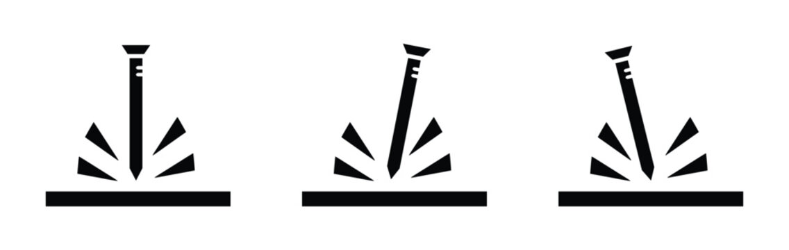 Three black vector icons of a nail hitting a surface with radiating lines indicating impact during a forceful strike concept