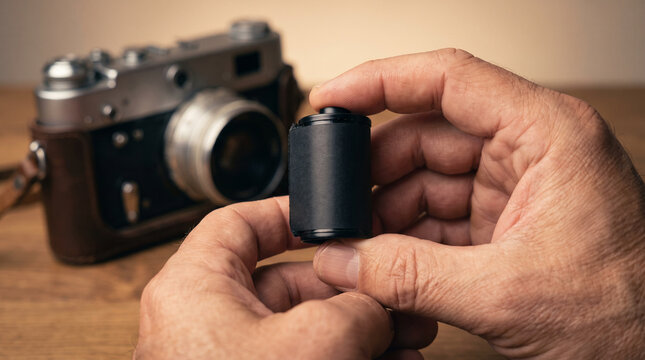 Black 35mm film roll canister held by hands near a vintage camera  