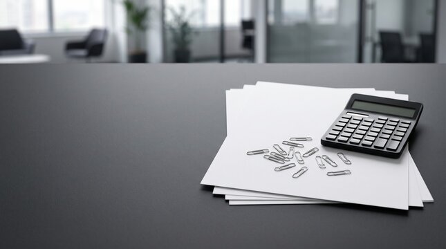 Close up blank sheets of white paper mimicking financial reports unbranded calculator and paperclips on dark desk business mockup