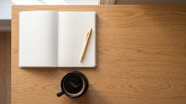 Top down flat lay corporate planning concept blank open notebook planner gold pen and coffee on minimalist desk presentation mockup