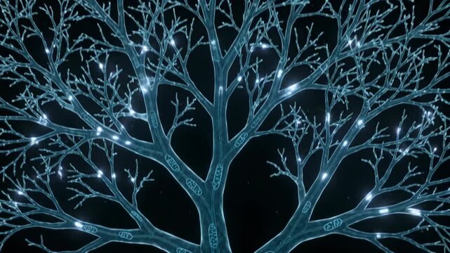 Microscopic 3D animation of a glowing blue neuron synapse showing cellular structures and neurotransmission in a dark environment.