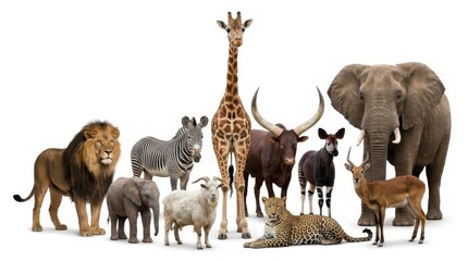 Fototapeta premium Diverse Collection of African Wildlife Animals Isolated on White Background Including Lion Elephant Giraffe and Zebra