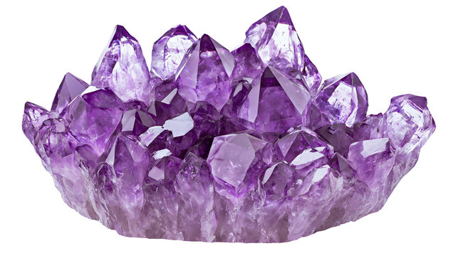 Deep purple amethyst geode cluster with sharp crystalline facets, isolated on transparent background