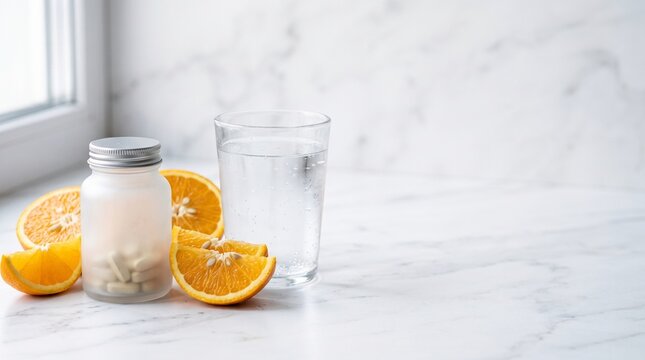 Close up blank frosted glass vitamin jar fresh orange slices and water on bright white marble winter immunity concept mockup