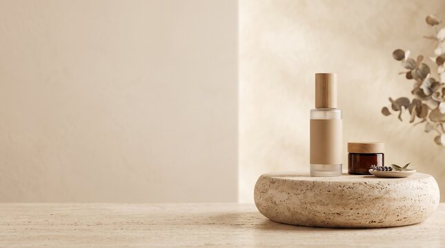 Minimalist 3D product podium calming warm beige wellness aesthetic natural travertine stone display stand premium cosmetic mockup