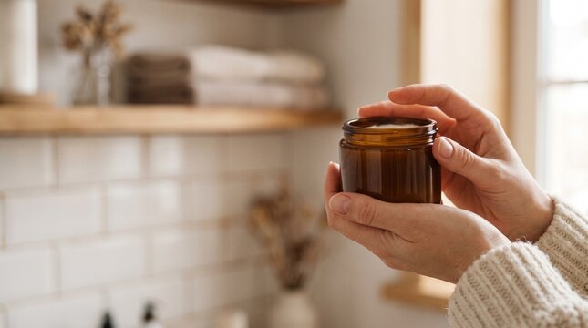 Close up female hands gently holding blank unprinted amber glass jar of body butter blurred cozy bathroom background presentation mockup