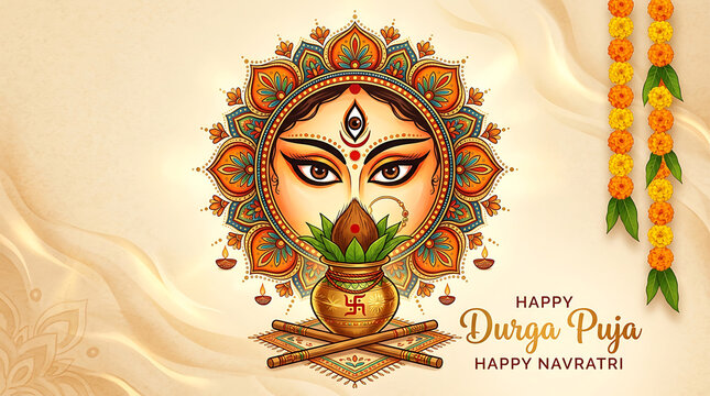 Happy durga puja and navratri greeting with goddess durga face illustration