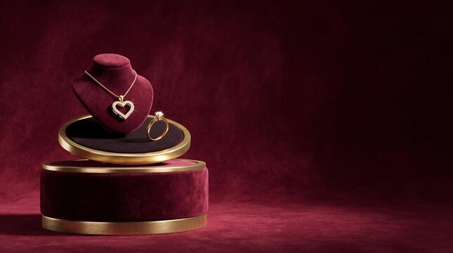 Minimalist 3D product podium deep burgundy red background luxurious velvet and gold display stand Valentines Day jewelry mockup