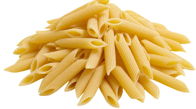 Heap of dry penne rigate pasta tubes, isolated on transparent background