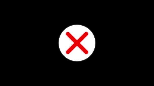 Red x mark icon animation on white circle, simple symbol for error, rejection, or decline, isolated on black background