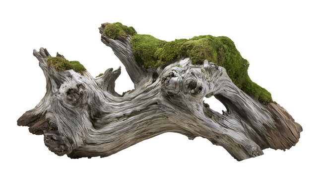 Gnarly weathered driftwood with green moss, isolated on transparent background